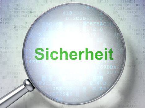 Magnifying optical glass with words Sicherheit(german) on digital background, 3d render