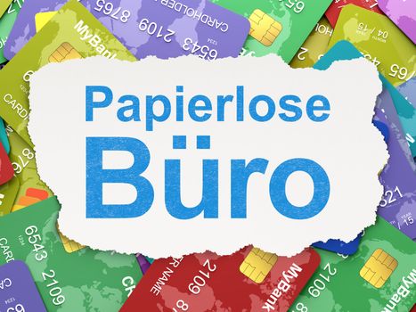 Business concept: torn paper with words Papierlose Buro(german) on Credit Card background, 3d render