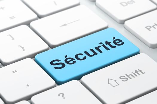 Privacy concept: computer keyboard with word Securite(french), selected focus on enter button background, 3d render