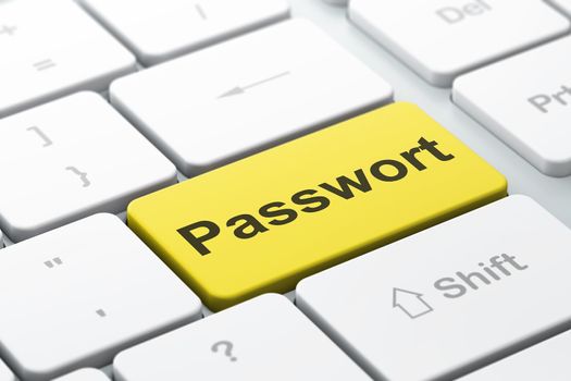 Security concept: computer keyboard with word Passwort(german), selected focus on enter button background, 3d render