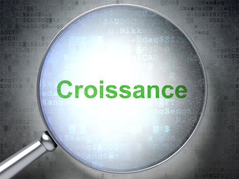 Magnifying optical glass with words Croissance(french) on digital background, 3d render