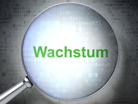 Magnifying optical glass with words Wachstum(german) on digital background, 3d render