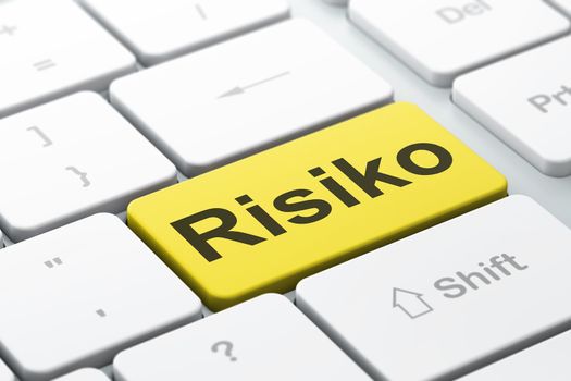 Finance concept: computer keyboard with word Risiko(german), selected focus on enter button background, 3d render