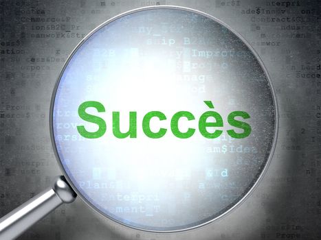 Magnifying optical glass with words Succes(french) on digital background, 3d render