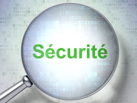 Magnifying optical glass with words Securite(french) on digital background, 3d render