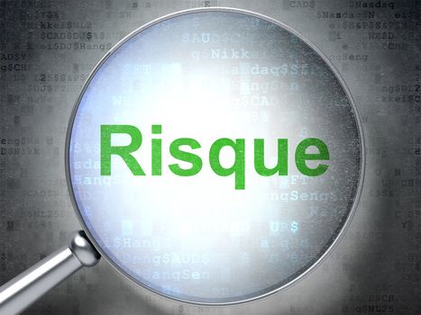 Magnifying optical glass with words Risque(french) on digital background, 3d render
