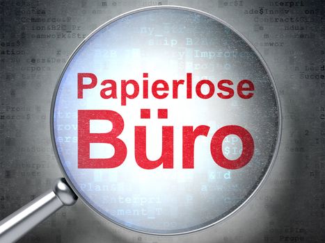 Magnifying optical glass with words Papierlose Buro(german) on digital background, 3d render