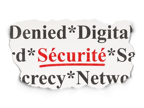 Privacy concept: torn newspaper with words Securite(french) on Paper background, 3d render