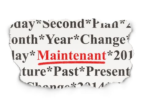 Timeline concept: torn newspaper with words Maintenant(french) on Paper background, 3d render