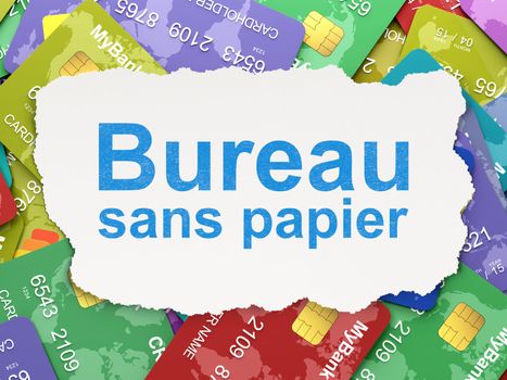 Finance concept: torn paper with words Bureau Sans papier(french) on Credit Card background, 3d render