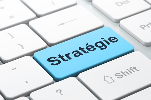 Business concept: computer keyboard with word Strategie(french), selected focus on enter button background, 3d render