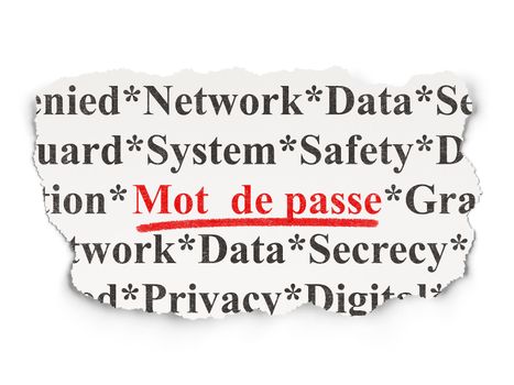 Privacy concept: torn newspaper with words Mot de Passe(french) on Paper background, 3d render