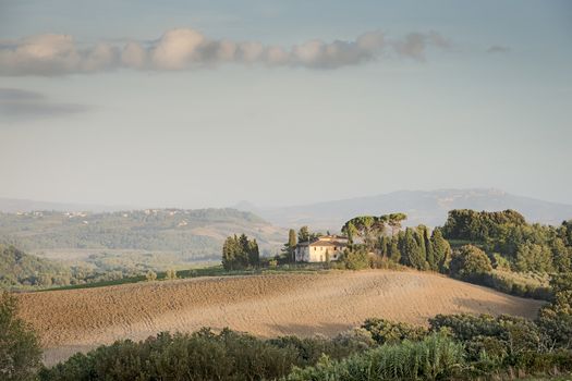 Picture of Tuscany landscape with hills, trees, fields and a house in the morning