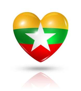 Love Burma Myanmar symbol. 3D heart flag icon isolated on white with clipping path