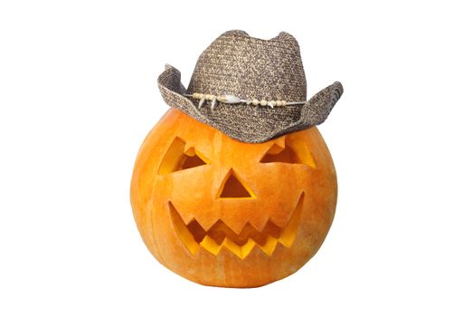 Cowboy pumpkin with smily face and hat