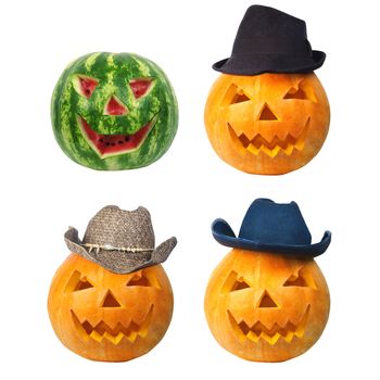Three cowboy pumpkins and watermelon with three different hats