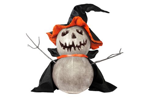 Funny Halloween pumpkin with black hat isolated on white