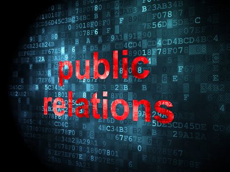 Advertising concept: pixelated words Public Relations on digital background, 3d render