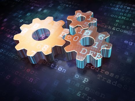 Advertising concept: Golden Gears on digital background, 3d render