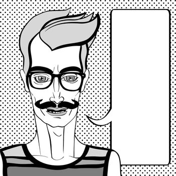 Hipster portrait with speech bubble, hand drawn illustration of a man with moustache and glasses over a background with dots