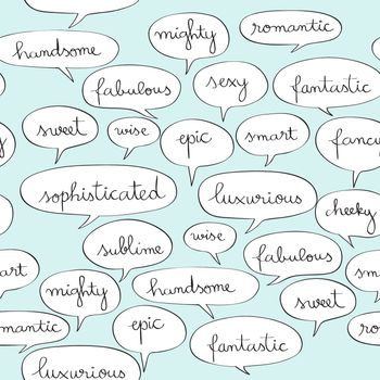 Fancy speech bubbles pattern, hand drawn illustration of comics text doodles over a blue background