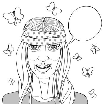 Black and white illustration of a hippie funny girl over a background with speech bubble and butterflies