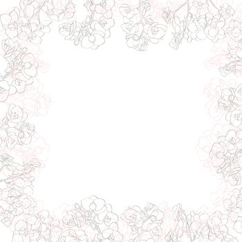 Hand drawn illustration of a greetings card or cover with pink and grey orchids frame, shabby chic motif with flowers