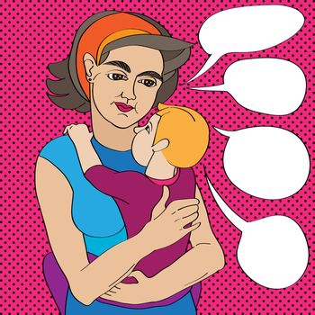 Mother and child composition, doodle illustration over a pop art background with dots