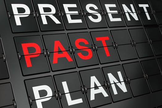 Timeline concept: Past on airport board background, 3d render