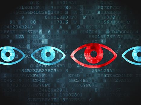Safety concept: pixelated Eye icon on digital background, 3d render