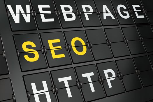 SEO web development concept: SEO on airport board background, 3d render