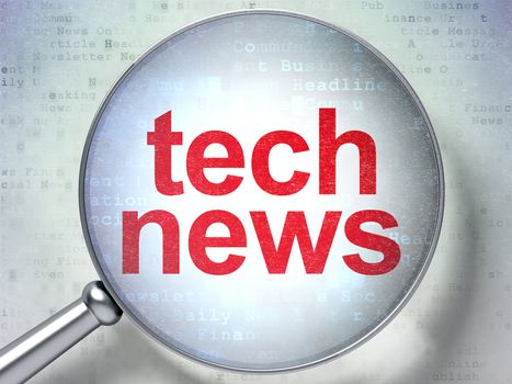 Magnifying optical glass with words Tech News on digital background, 3d render