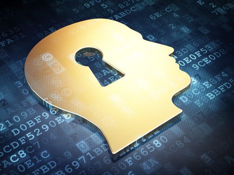 Privacy concept: Golden Head Whis Keyhole on digital background, 3d render