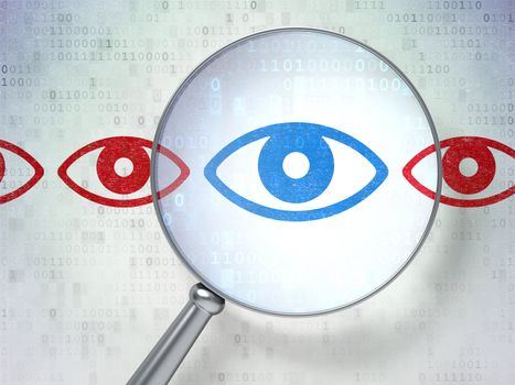 Magnifying optical glass with Eye icons on digital background, 3d render