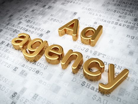 Advertising concept: Golden Ad Agency on digital background, 3d render
