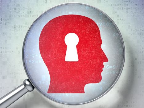 Magnifying optical glass with Head Whis Keyhole icon on digital background, 3d render