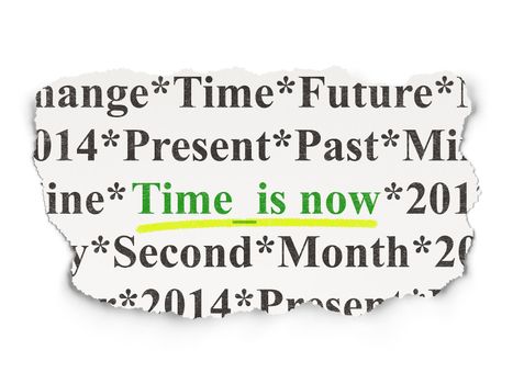 Time concept: torn newspaper with words Time is Now on Paper background, 3d render