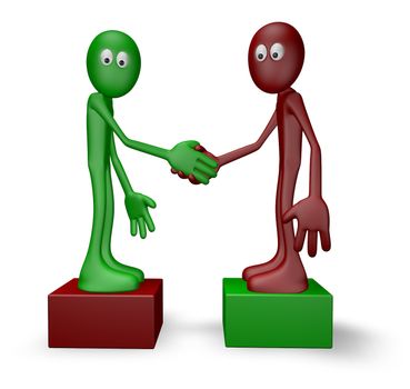 cartoon guys shake hands - 3d illustration