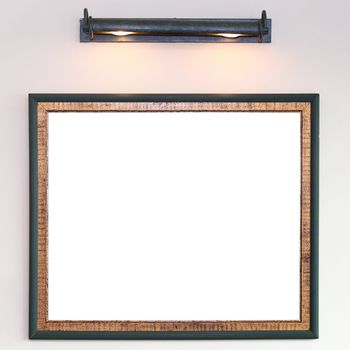 Photo frame on wall with lamp above