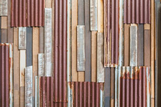 Grunge old wood and rusty roofing sheet wall background