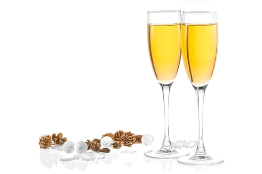 Two glasses of champagne with New Year's d��cor