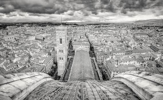 Panoramic monochrome view of Florence from cupola of Duomo cathedral, Italy