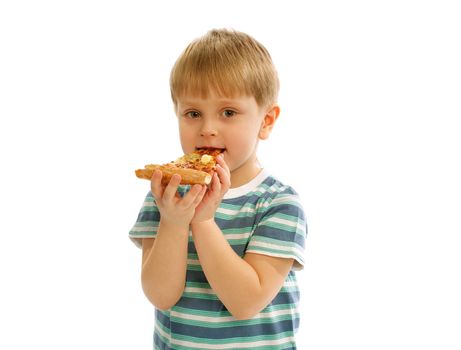 Little Cute Boy in Striped T-Short Eating Piece of Cheese Pizza isolated on white background