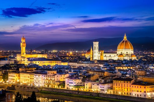 Scenic view of Florence at night from Piazzale Michelangelo, Italy