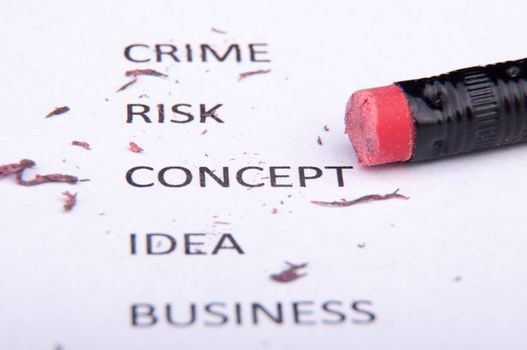 An image of business words and pencil