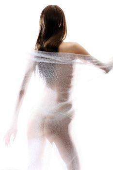 The body of a beautiful naked woman through the transparent fabric on a white background