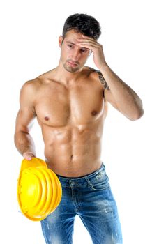 Handsome, muscular construction worker shirtless on white with hard hat in his hand