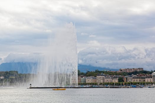 Panoramic view of city of Geneva, the Leman Lake and the Water Jet, in Switzerland, Europe