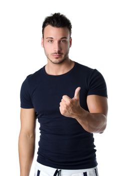 Attractive young man counting to one with fingers and hands, isolated on white background