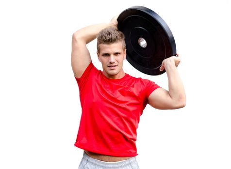 Young man wearing red t-shirt exercising with big weight, isolated on white